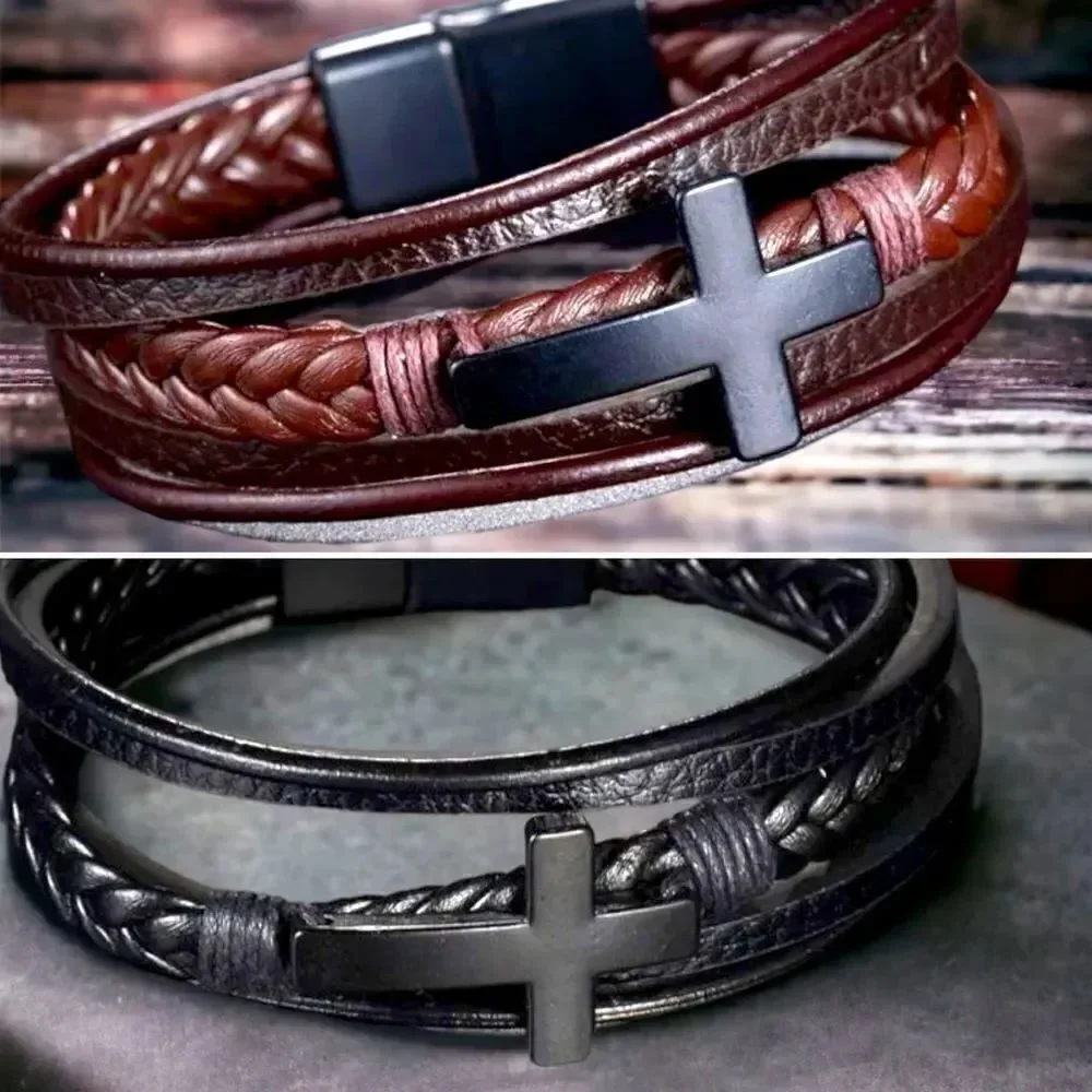 Men’s 5-strand l Leather Cross l Bracelet l Magnetic Closure l Brown/Black l New